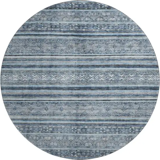 8' Blue And Gray Striped Washable Round Rug With UV Protection Photo 1