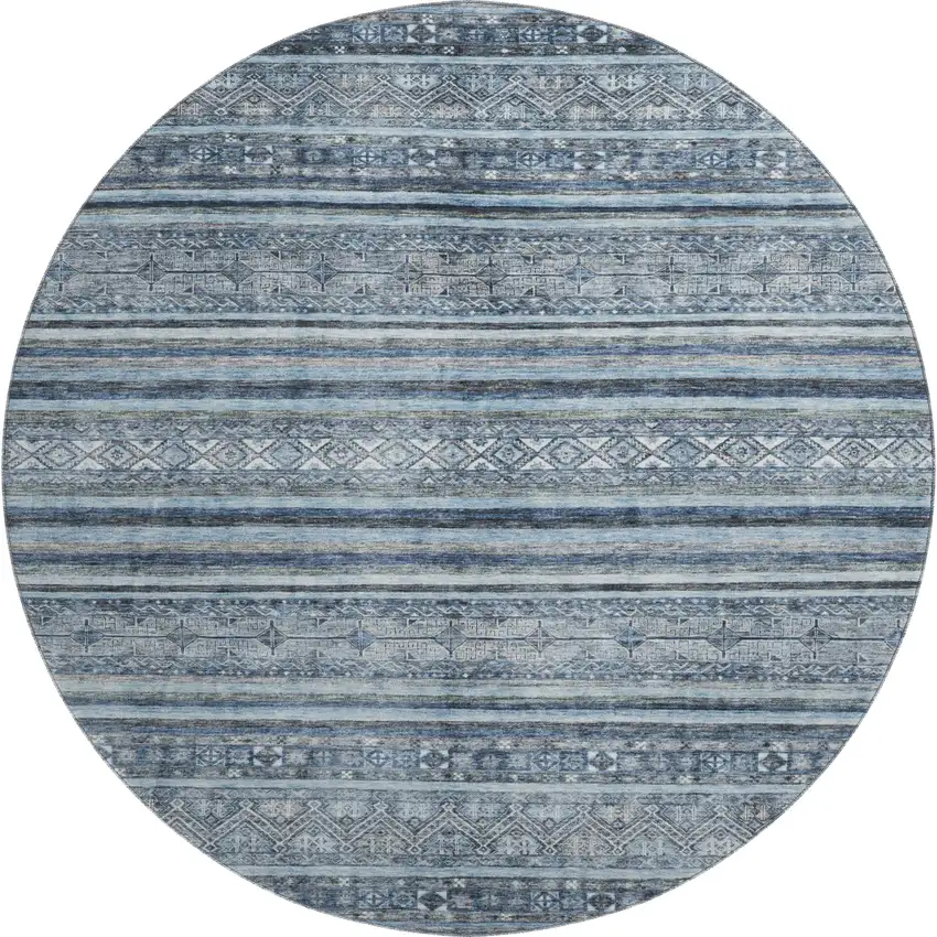 8' Blue And Gray Striped Washable Round Rug With UV Protection Photo 1