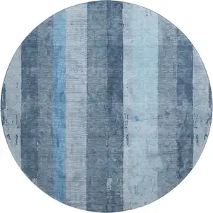 Photo of 8' Blue And Gray Striped Washable Round Rug With UV Protection