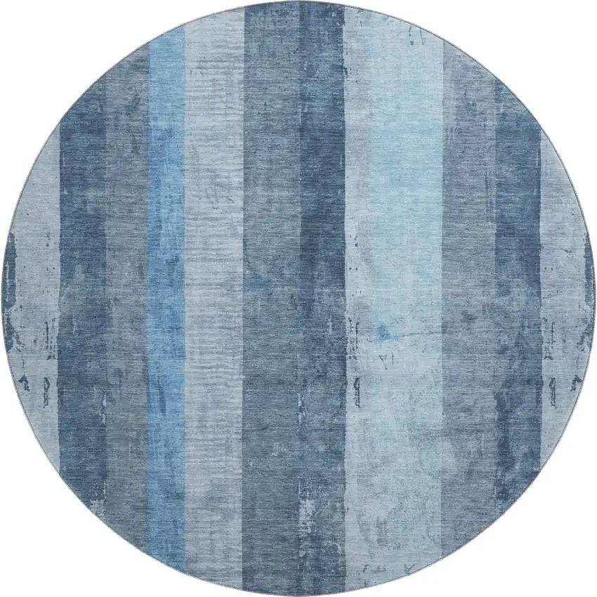 8' Blue And Gray Striped Washable Round Rug With UV Protection Photo 1