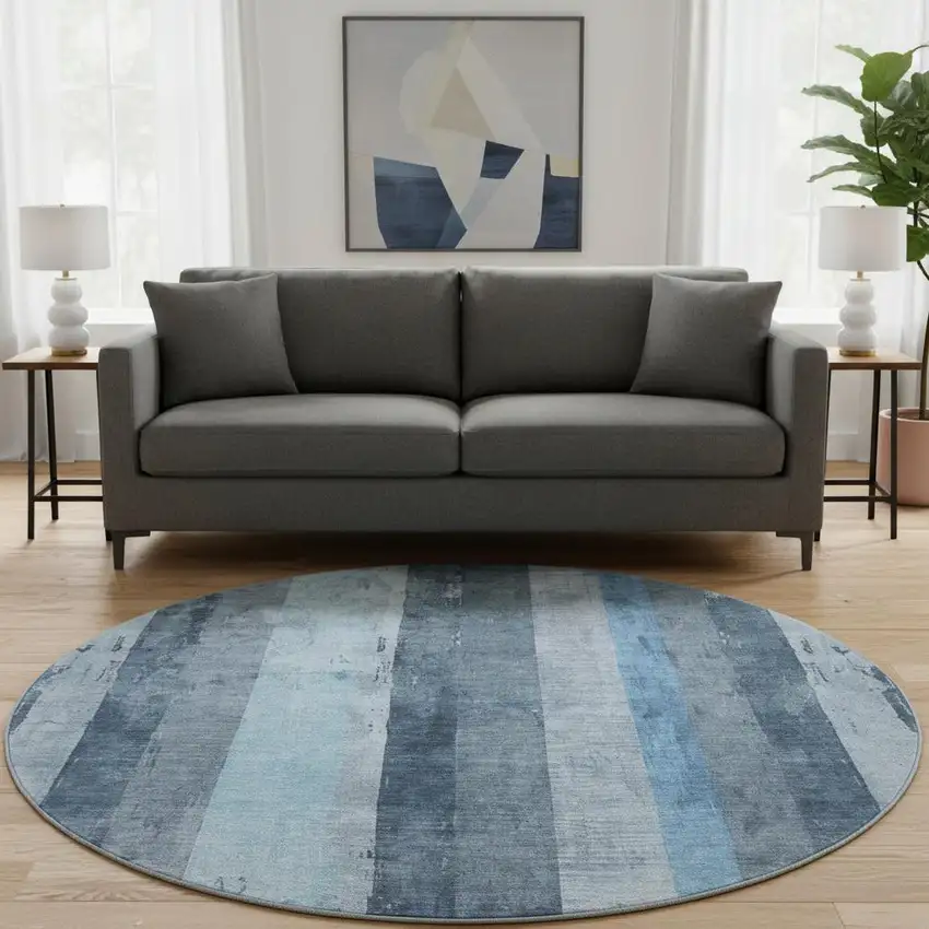8' Blue And Gray Striped Washable Round Rug With UV Protection Photo 2