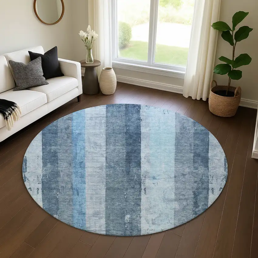 8' Blue And Gray Striped Washable Round Rug With UV Protection Photo 4