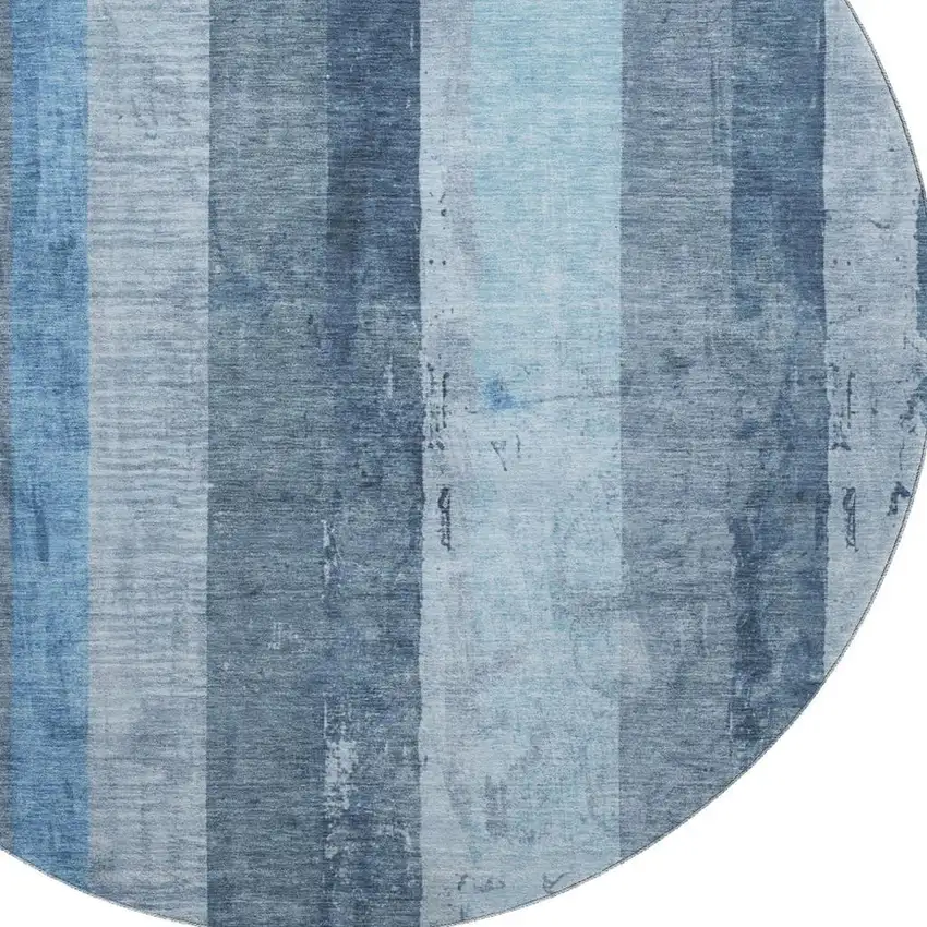8' Blue And Gray Striped Washable Round Rug With UV Protection Photo 2
