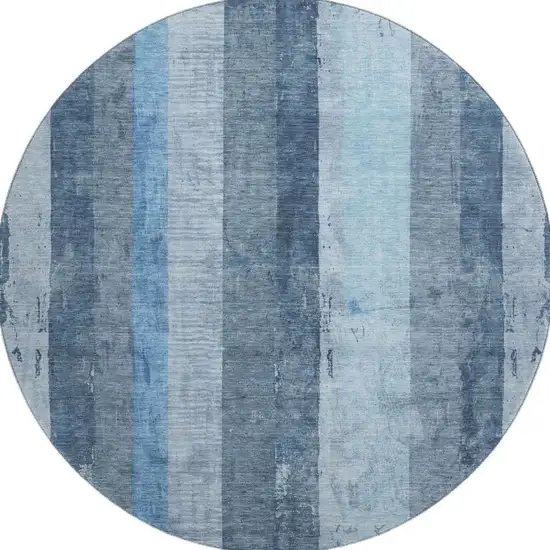 8' Blue And Gray Striped Washable Round Rug With UV Protection Photo 3