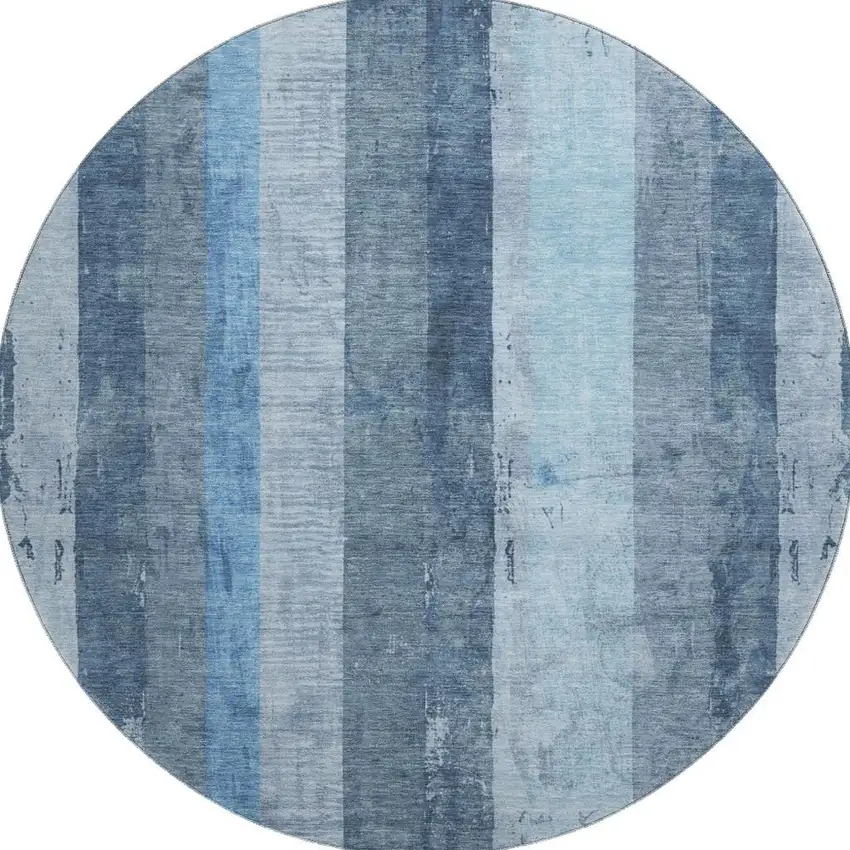 8' Blue And Gray Striped Washable Round Rug With UV Protection Photo 3