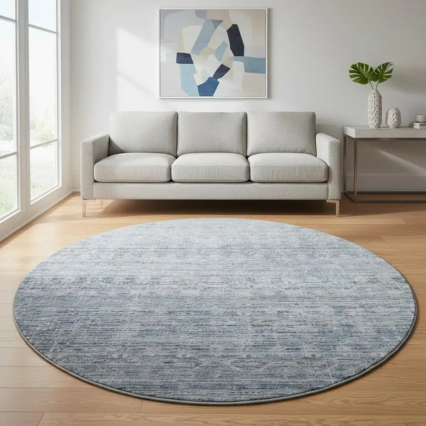 8' Blue And Gray Striped Washable Round Rug With UV Protection Photo 2