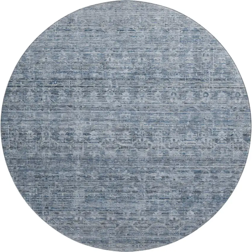 8' Blue And Gray Striped Washable Round Rug With UV Protection Photo 1