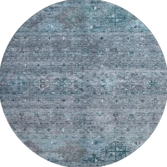 8' Blue And Gray Tribal Washable Round Rug With UV Protection Photo 3