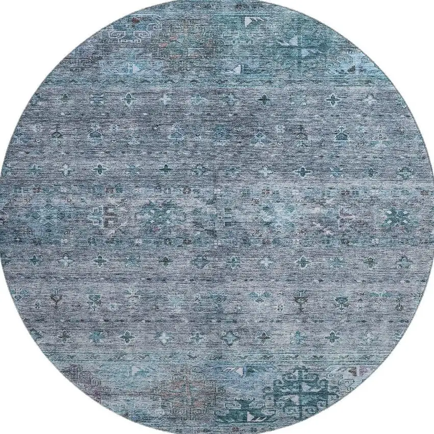 8' Blue And Gray Tribal Washable Round Rug With UV Protection Photo 3