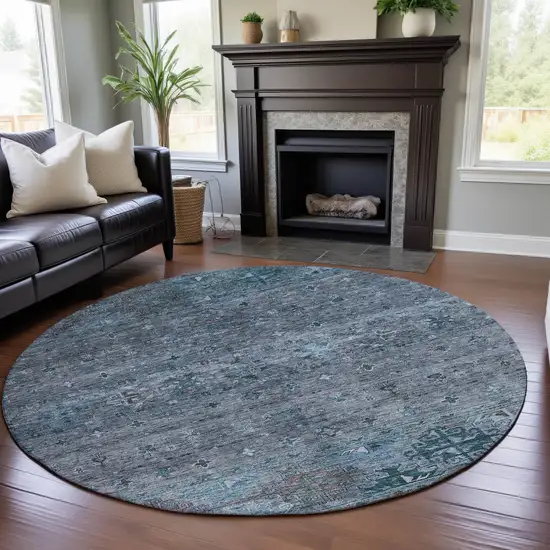 8' Blue And Gray Tribal Washable Round Rug With UV Protection Photo 4