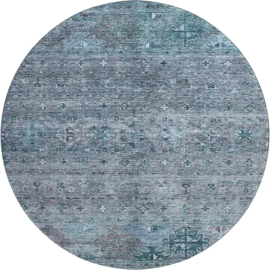 8' Blue And Gray Tribal Washable Round Rug With UV Protection Photo 1