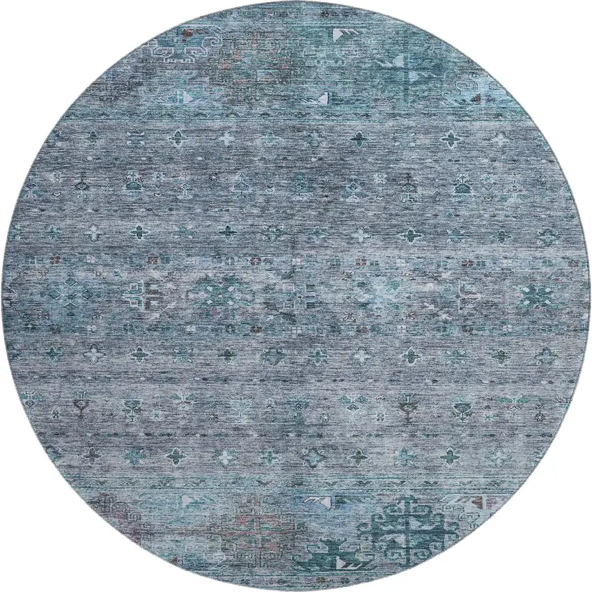 8' Blue And Gray Tribal Washable Round Rug With UV Protection Photo 1