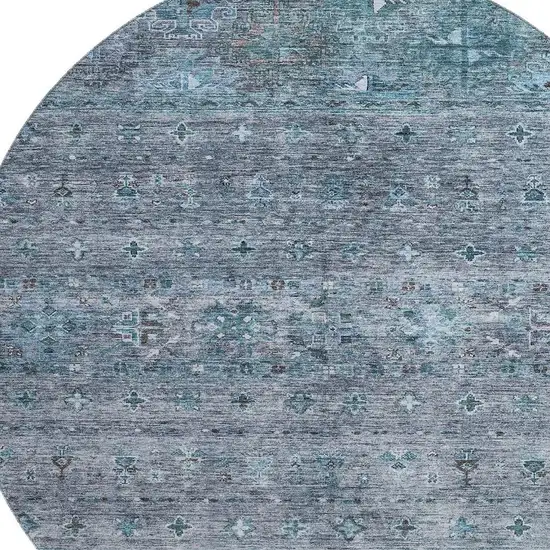 8' Blue And Gray Tribal Washable Round Rug With UV Protection Photo 2
