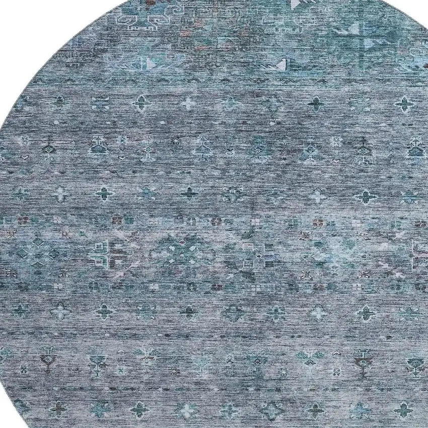 8' Blue And Gray Tribal Washable Round Rug With UV Protection Photo 2