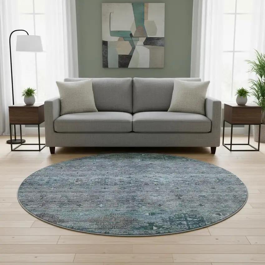 8' Blue And Gray Tribal Washable Round Rug With UV Protection Photo 2