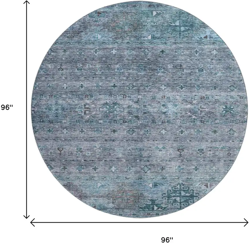 8' Blue And Gray Tribal Washable Round Rug With UV Protection Photo 9