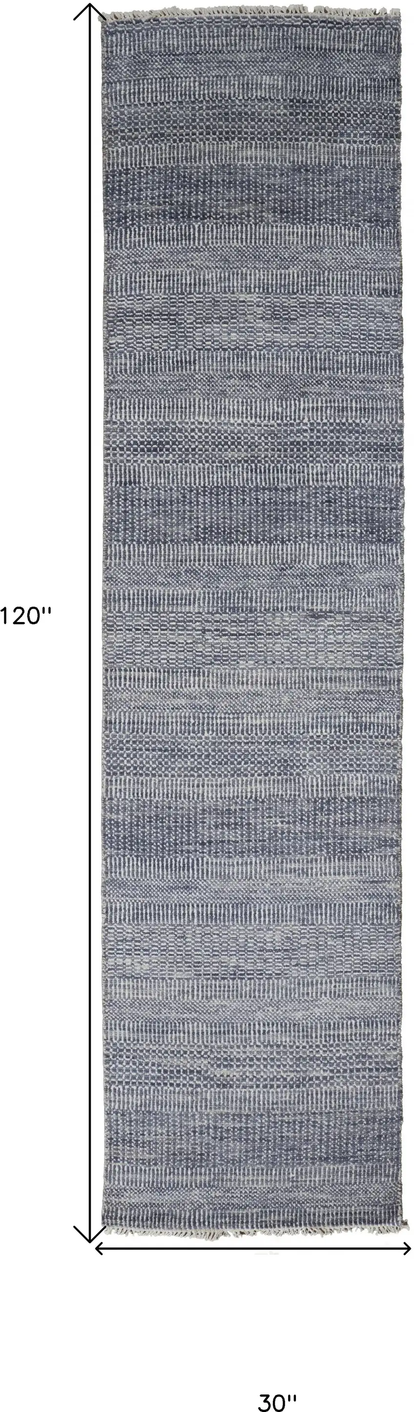 10' Blue And Gray Wool Striped Hand Knotted Runner Rug Photo 6