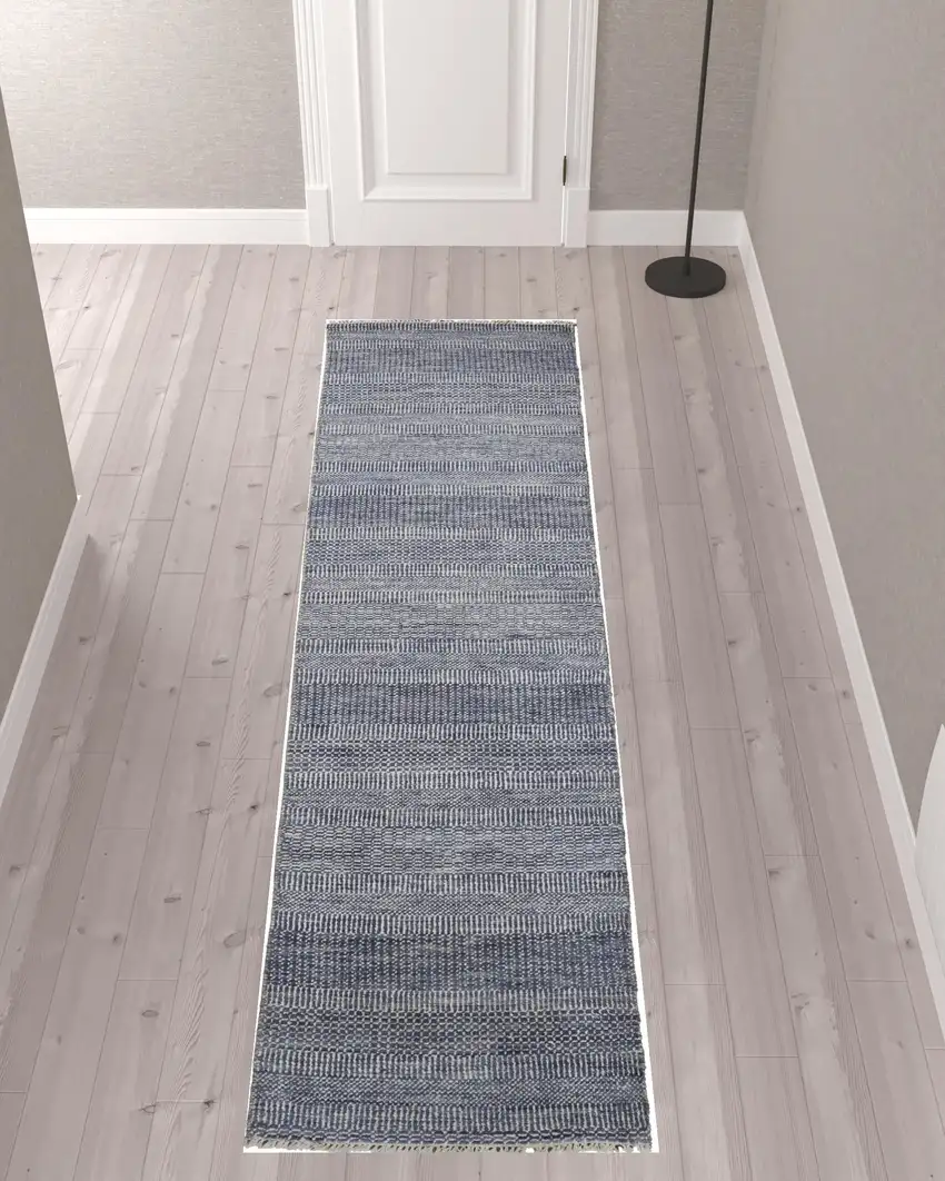 10' Blue And Gray Wool Striped Hand Knotted Runner Rug Photo 2