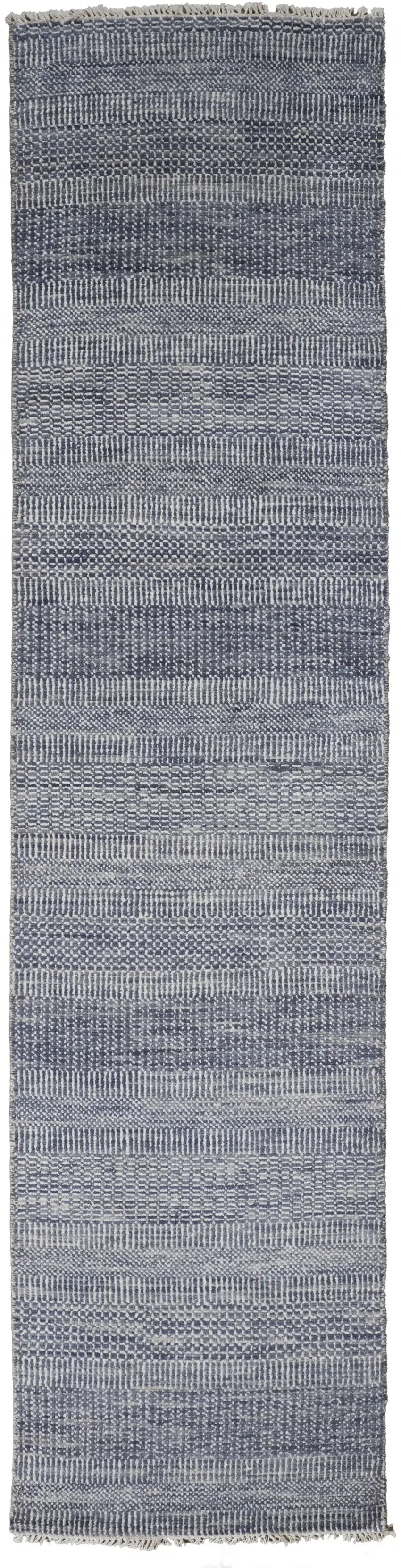 10' Blue And Gray Wool Striped Hand Knotted Runner Rug Photo 1