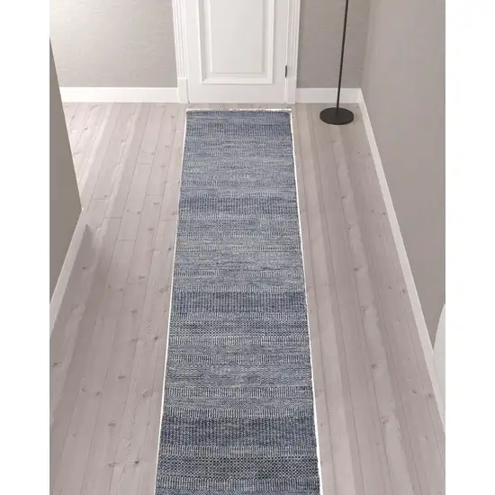 12' Blue And Gray Wool Striped Hand Knotted Runner Rug Photo 2