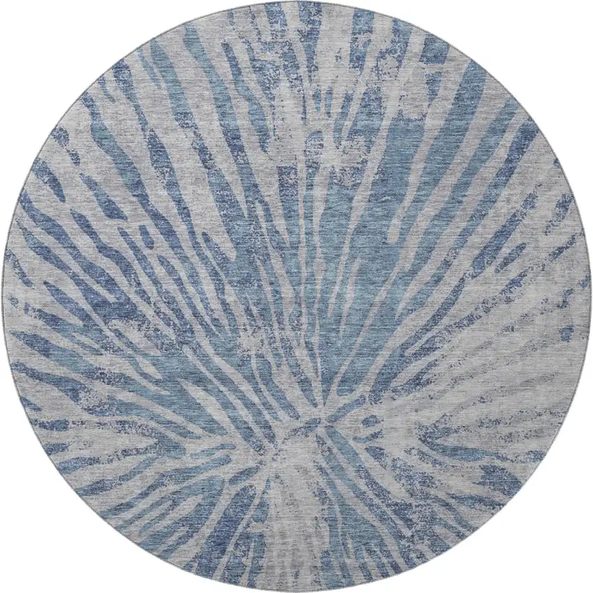 8' Blue And Gray Zebra Print Washable Round Rug With UV Protection Photo 4