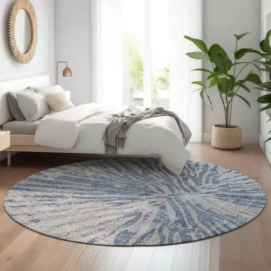 8' Blue And Gray Zebra Print Washable Round Rug With UV Protection Photo 5
