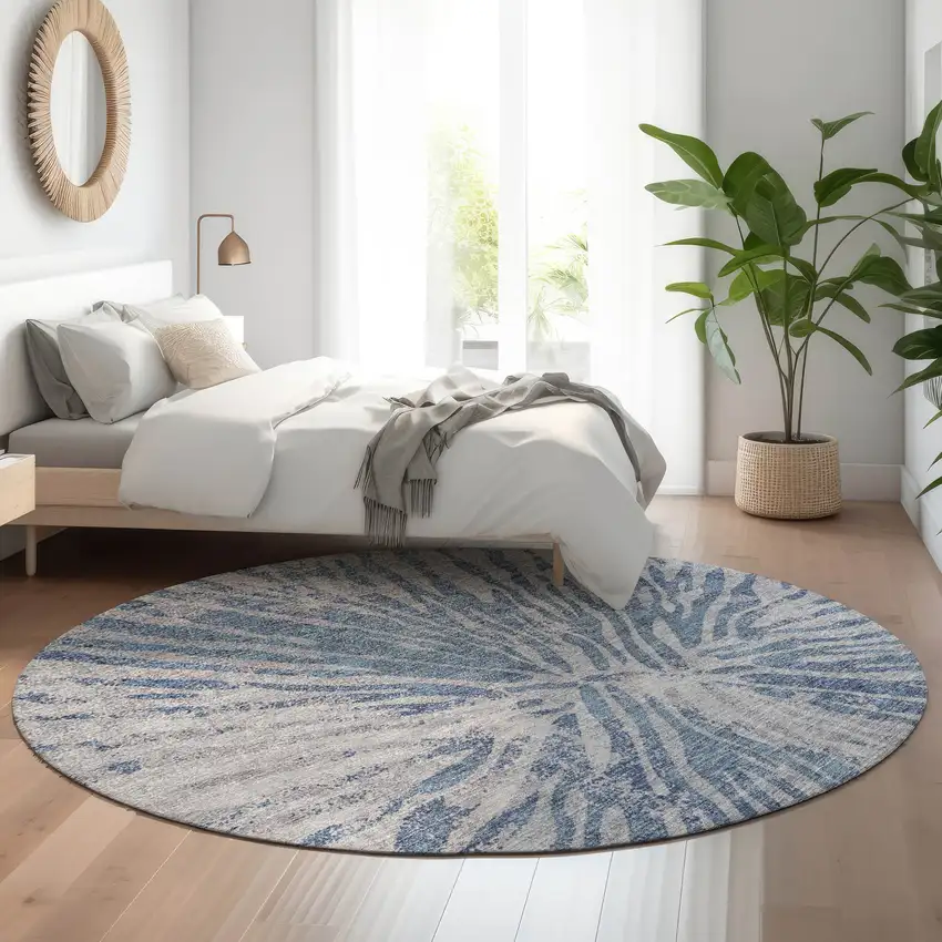 8' Blue And Gray Zebra Print Washable Round Rug With UV Protection Photo 5