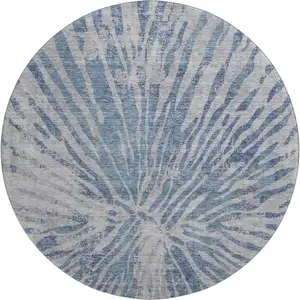 Photo of 8' Blue And Gray Zebra Print Washable Round Rug With UV Protection