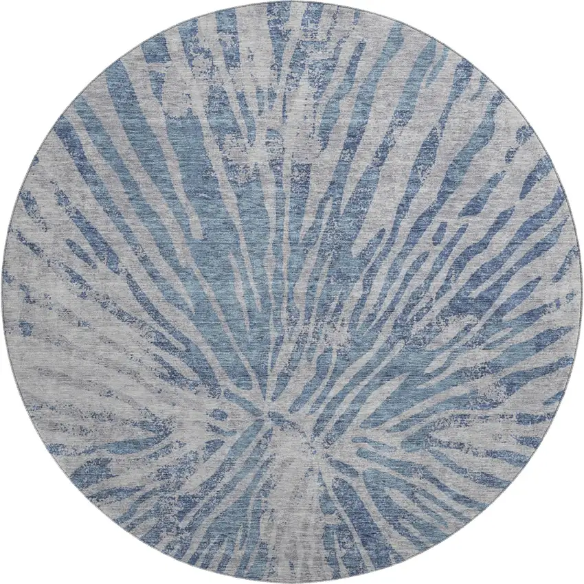 8' Blue And Gray Zebra Print Washable Round Rug With UV Protection Photo 1