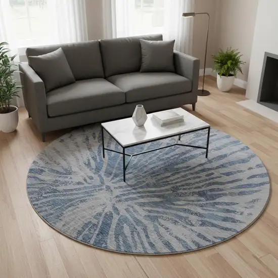 8' Blue And Gray Zebra Print Washable Round Rug With UV Protection Photo 2