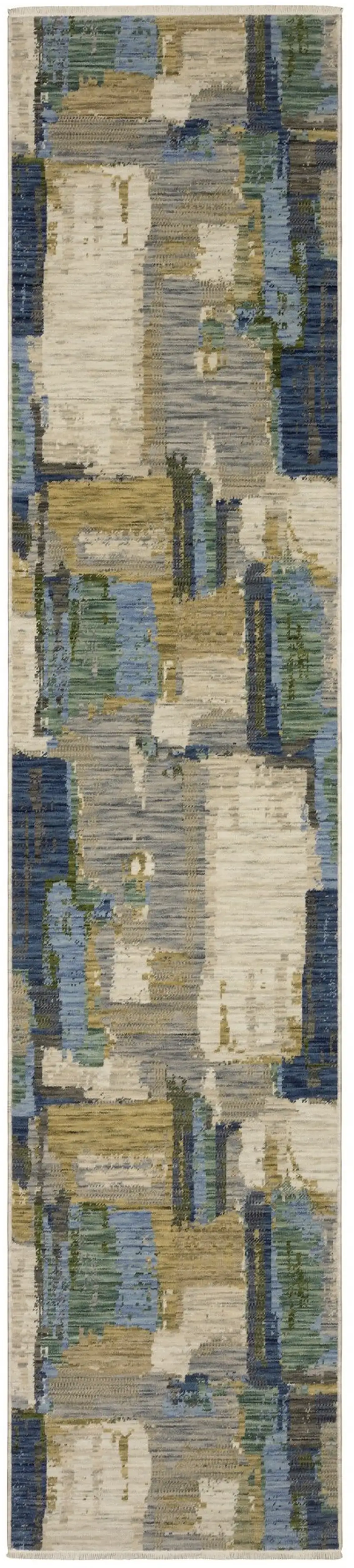 12' Blue And Green Abstract Runner Rug With Fringe Photo 2