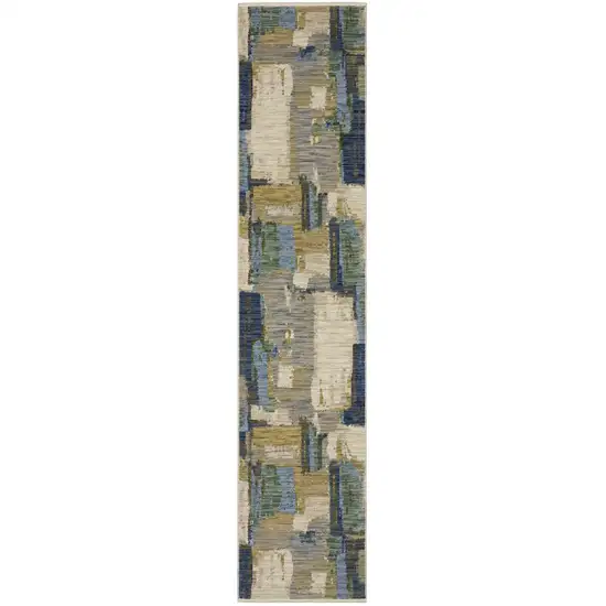 12' Blue And Green Abstract Runner Rug With Fringe Photo 2