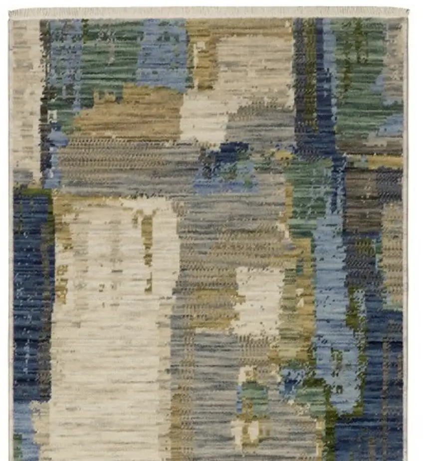 12' Blue And Green Abstract Runner Rug With Fringe Photo 5