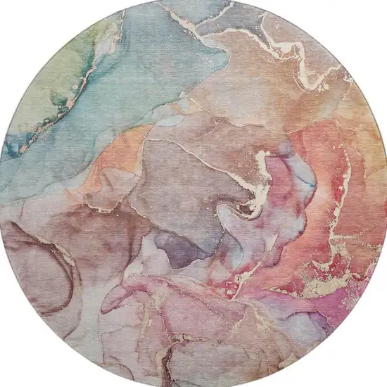 8' Blue And Green Abstract Washable Round Rug With UV Protection Photo 4