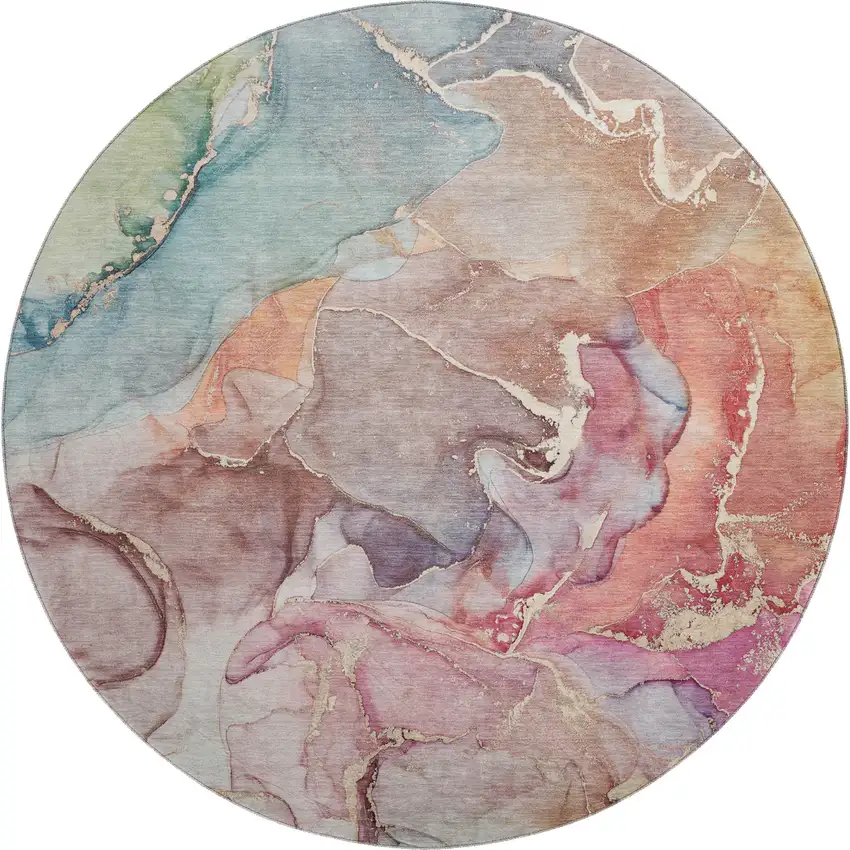 8' Blue And Green Abstract Washable Round Rug With UV Protection Photo 1