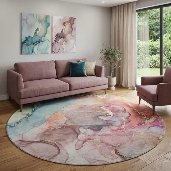 8' Blue And Green Abstract Washable Round Rug With UV Protection Photo 1