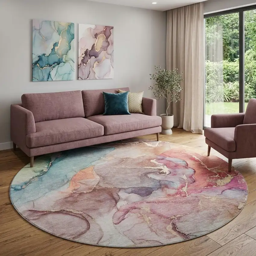 8' Blue And Green Abstract Washable Round Rug With UV Protection Photo 1