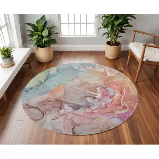 8' Blue And Green Abstract Washable Round Rug With UV Protection Photo 2