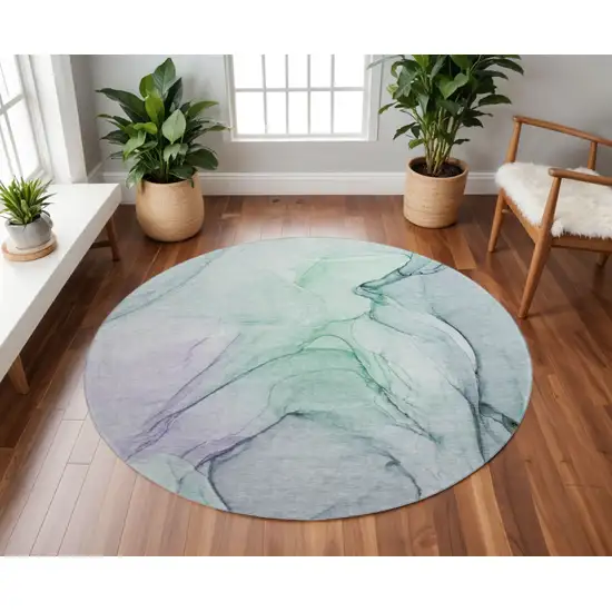 8' Blue And Green Abstract Washable Round Rug With UV Protection Photo 2