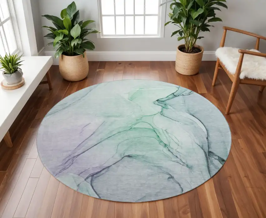 8' Blue And Green Abstract Washable Round Rug With UV Protection Photo 2