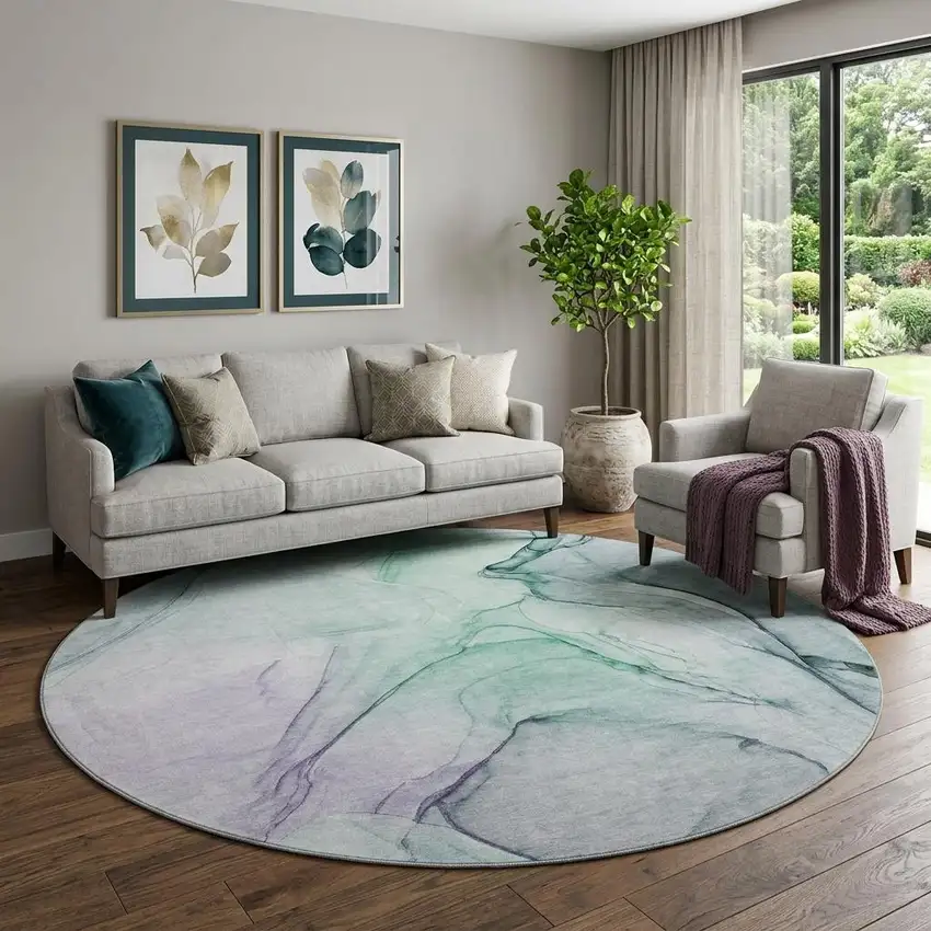 8' Blue And Green Abstract Washable Round Rug With UV Protection Photo 1