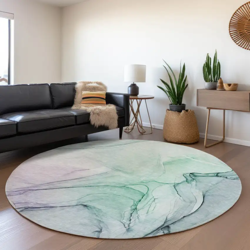 8' Blue And Green Abstract Washable Round Rug With UV Protection Photo 5