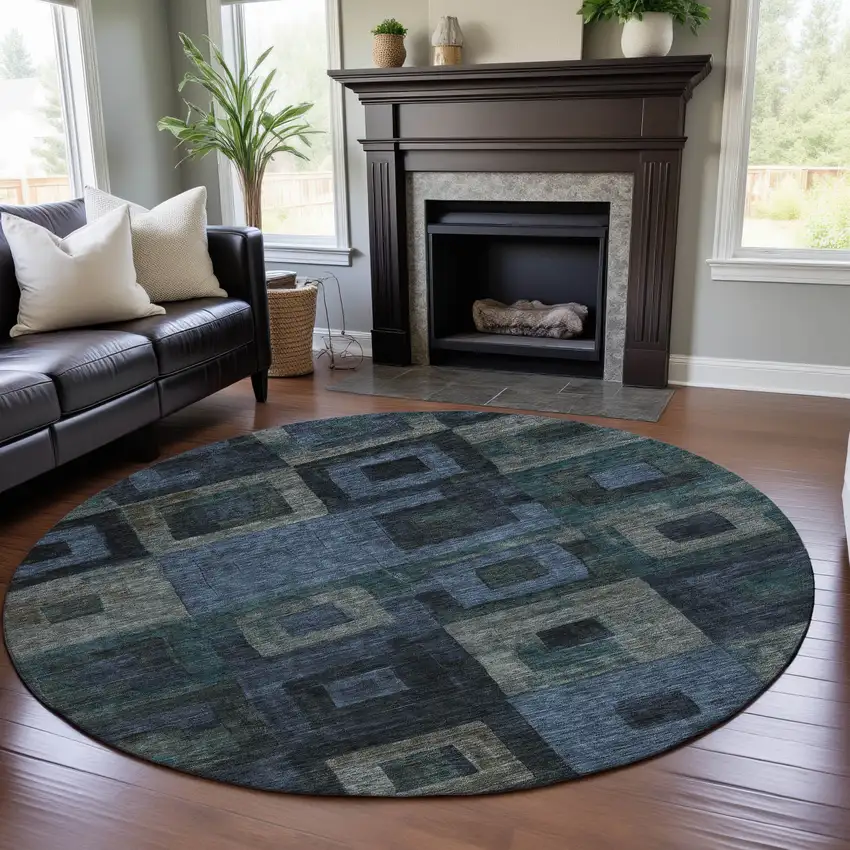 8' Blue And Green Geometric Washable Round Rug With UV Protection Photo 4