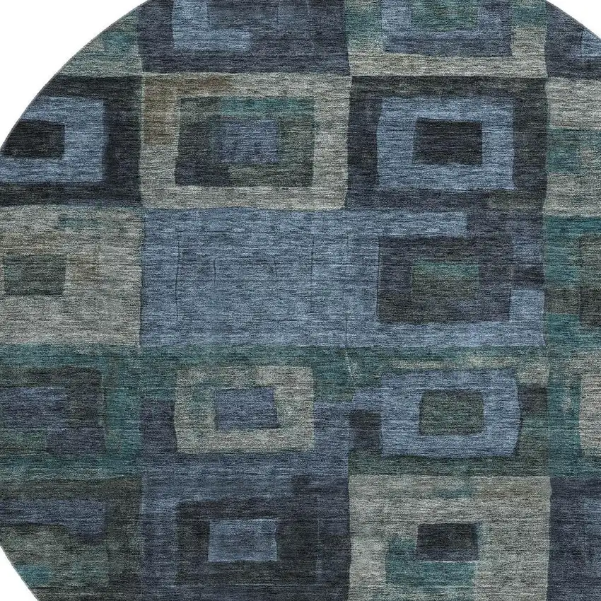 8' Blue And Green Geometric Washable Round Rug With UV Protection Photo 2