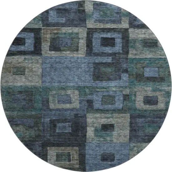 8' Blue And Green Geometric Washable Round Rug With UV Protection Photo 1