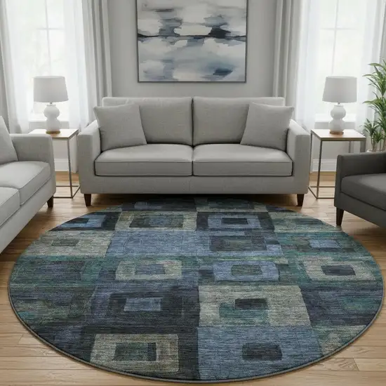 8' Blue And Green Geometric Washable Round Rug With UV Protection Photo 2