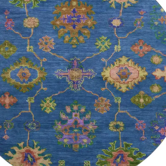 8' Blue And Green Oriental Washable Round Rug With UV Protection Photo 3