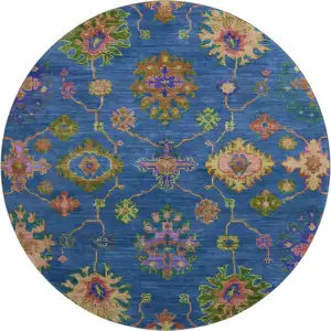 Photo of 8' Blue And Green Oriental Washable Round Rug With UV Protection