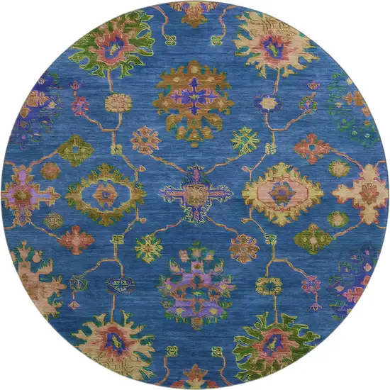 8' Blue And Green Oriental Washable Round Rug With UV Protection Photo 1