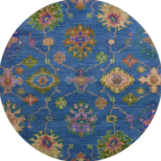 8' Blue And Green Oriental Washable Round Rug With UV Protection Photo 4